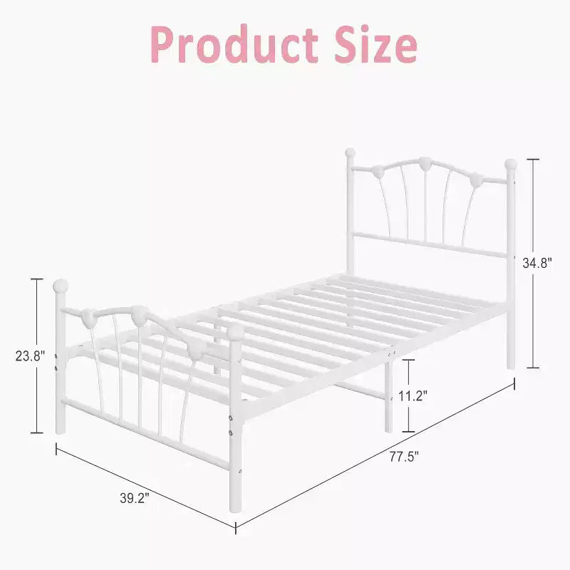 Cadre de lit en métal Acekool Twin en forme de double cœur, plateforme avec tête et pied de lit, support à lattes robuste, rangement sous le lit, pas besoin de sommier tapissier, blanc