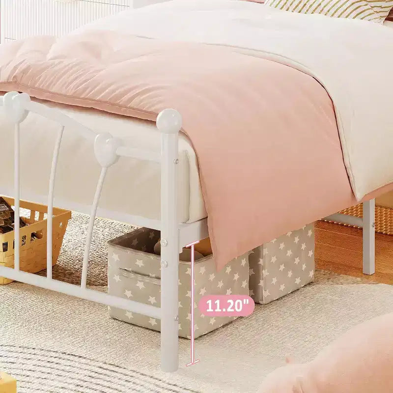 Cadre de lit en métal Acekool Twin en forme de double cœur, plateforme avec tête et pied de lit, support à lattes robuste, rangement sous le lit, pas besoin de sommier tapissier, blanc