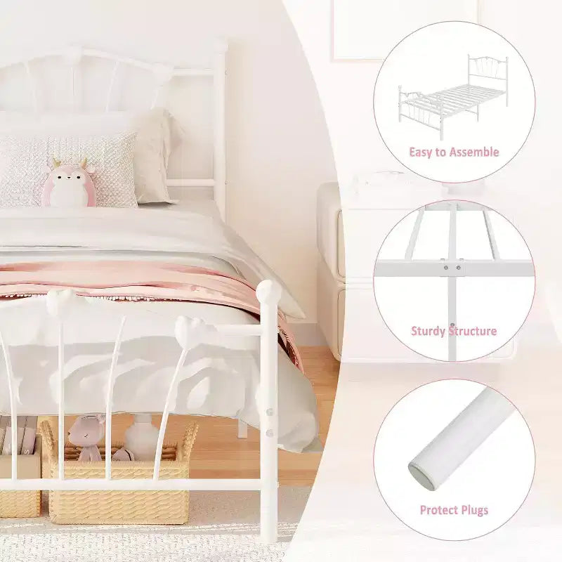 Cadre de lit en métal Acekool Twin en forme de double cœur, plateforme avec tête et pied de lit, support à lattes robuste, rangement sous le lit, pas besoin de sommier tapissier, blanc