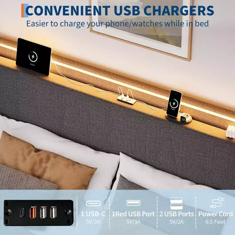 Cadre de lit plateforme rembourré en tissu GustoWave, avec rangement sous le lit, lattes en acier