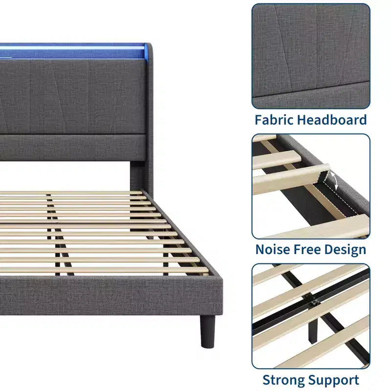 Cadre de lit plateforme rembourré en tissu GustoWave, avec rangement sous le lit, lattes en acier