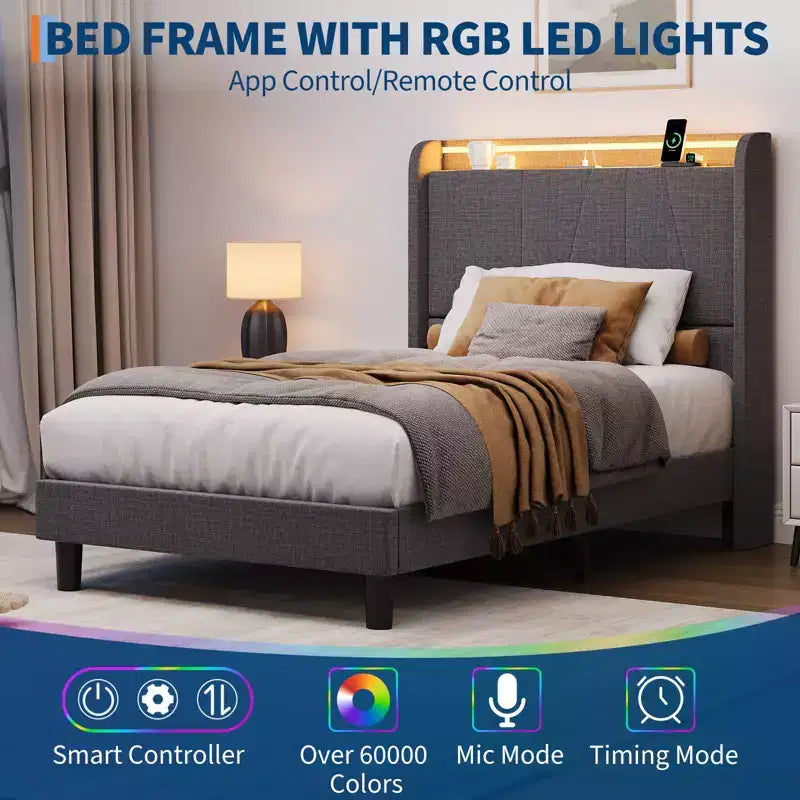 Cadre de lit plateforme rembourré en tissu GustoWave, avec rangement sous le lit, lattes en acier