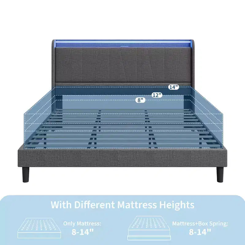 Cadre de lit plateforme rembourré en tissu GustoWave, avec rangement sous le lit, lattes en acier