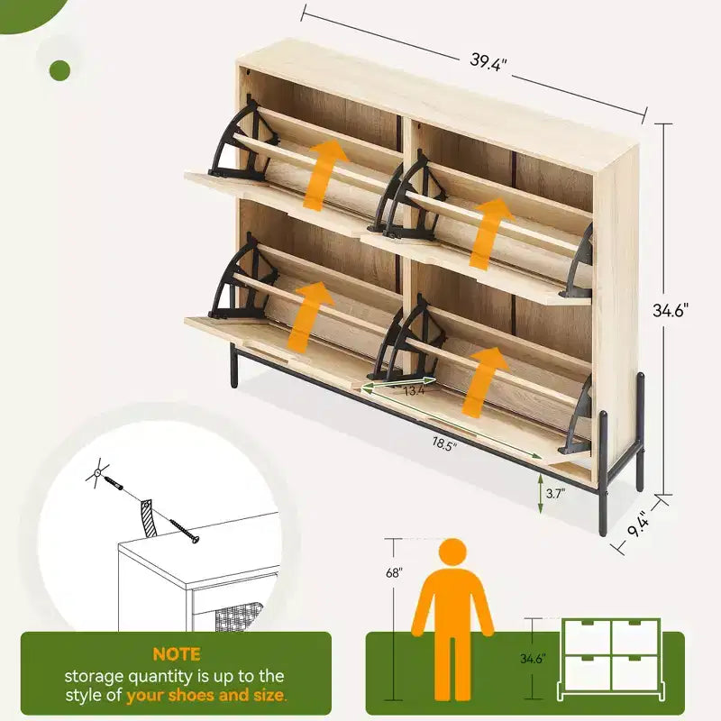 Meuble à chaussures GustoWave, Organisateur de chaussures en rotin naturel avec 4 tiroirs basculants, Meuble à chaussures étroit sur pied avec pieds en métal et étagère réglable