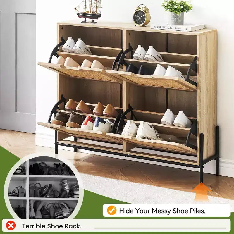 Meuble à chaussures GustoWave, Organisateur de chaussures en rotin naturel avec 4 tiroirs basculants, Meuble à chaussures étroit sur pied avec pieds en métal et étagère réglable