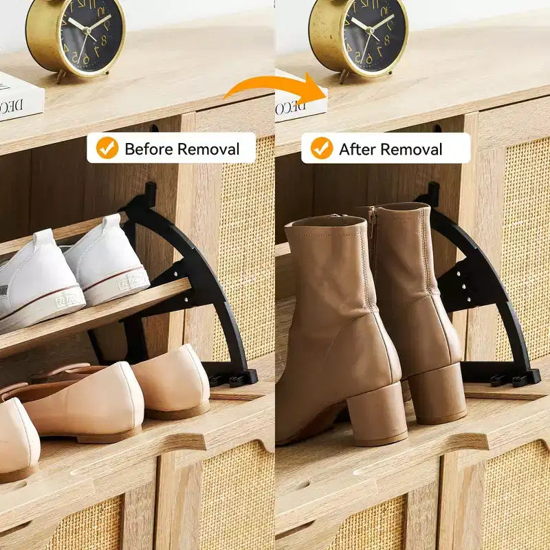 Meuble à chaussures GustoWave, Organisateur de chaussures en rotin naturel avec 4 tiroirs basculants, Meuble à chaussures étroit sur pied avec pieds en métal et étagère réglable