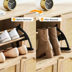 Meuble à chaussures GustoWave, Organisateur de chaussures en rotin naturel avec 4 tiroirs basculants, Meuble à chaussures étroit sur pied avec pieds en métal et étagère réglable