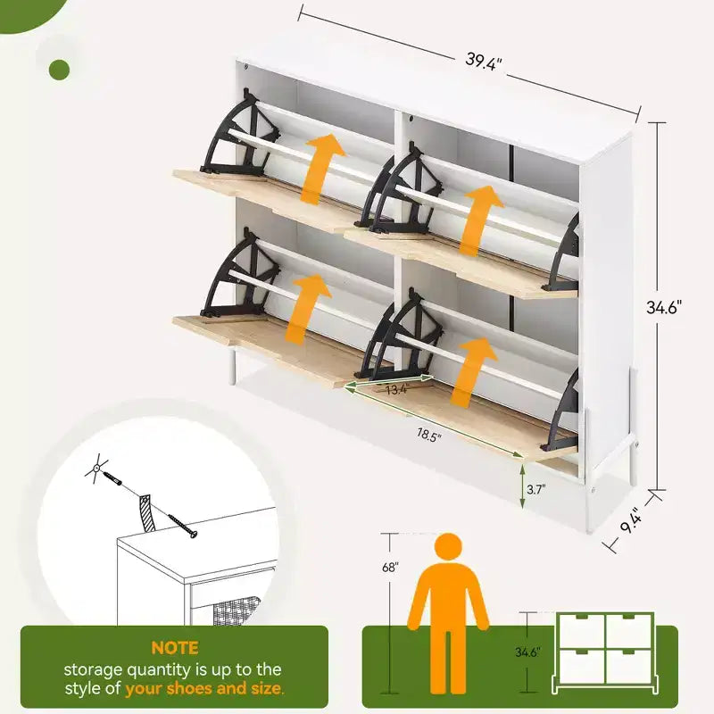 Meuble à chaussures GustoWave, Organisateur de chaussures en rotin naturel avec 4 tiroirs basculants, Meuble à chaussures étroit sur pied avec pieds en métal et étagère réglable