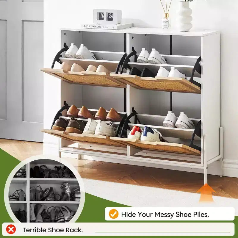 Meuble à chaussures GustoWave, Organisateur de chaussures en rotin naturel avec 4 tiroirs basculants, Meuble à chaussures étroit sur pied avec pieds en métal et étagère réglable