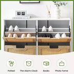 Meuble à chaussures GustoWave, Organisateur de chaussures en rotin naturel avec 4 tiroirs basculants, Meuble à chaussures étroit sur pied avec pieds en métal et étagère réglable