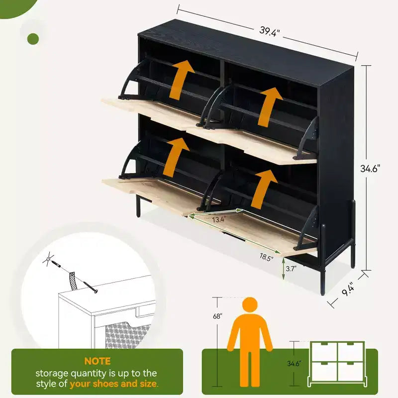 Meuble à chaussures GustoWave, Organisateur de chaussures en rotin naturel avec 4 tiroirs basculants, Meuble à chaussures étroit sur pied avec pieds en métal et étagère réglable