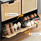 Meuble à chaussures GustoWave, Organisateur de chaussures en rotin naturel avec 4 tiroirs basculants, Meuble à chaussures étroit sur pied avec pieds en métal et étagère réglable