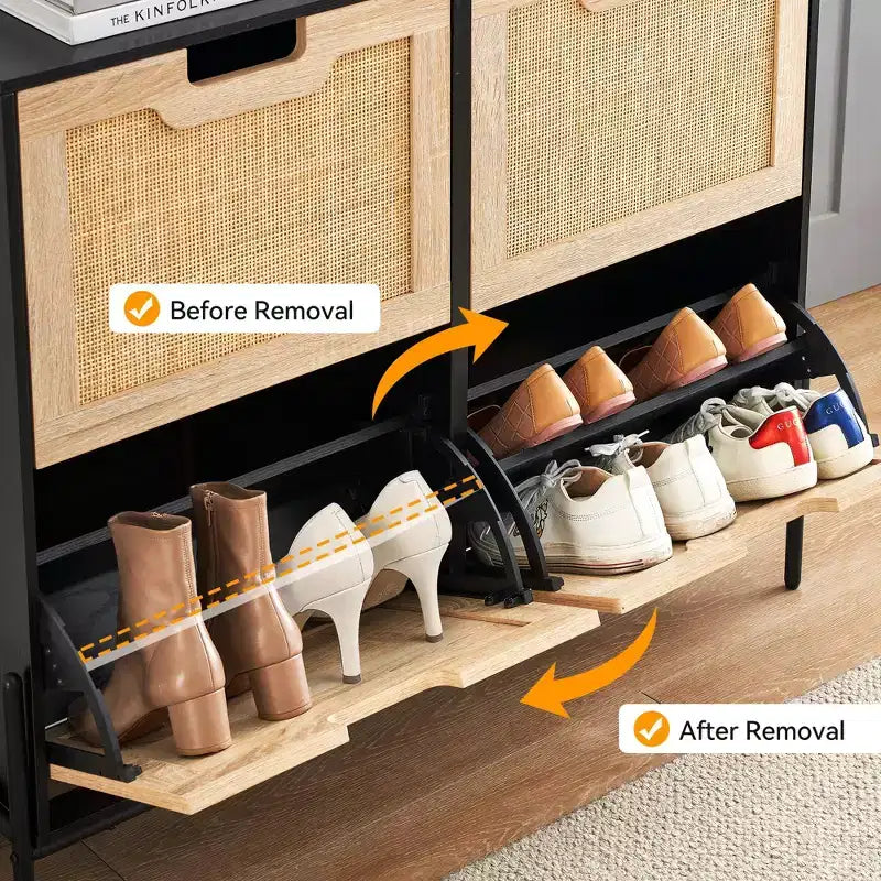 Meuble à chaussures GustoWave, Organisateur de chaussures en rotin naturel avec 4 tiroirs basculants, Meuble à chaussures étroit sur pied avec pieds en métal et étagère réglable