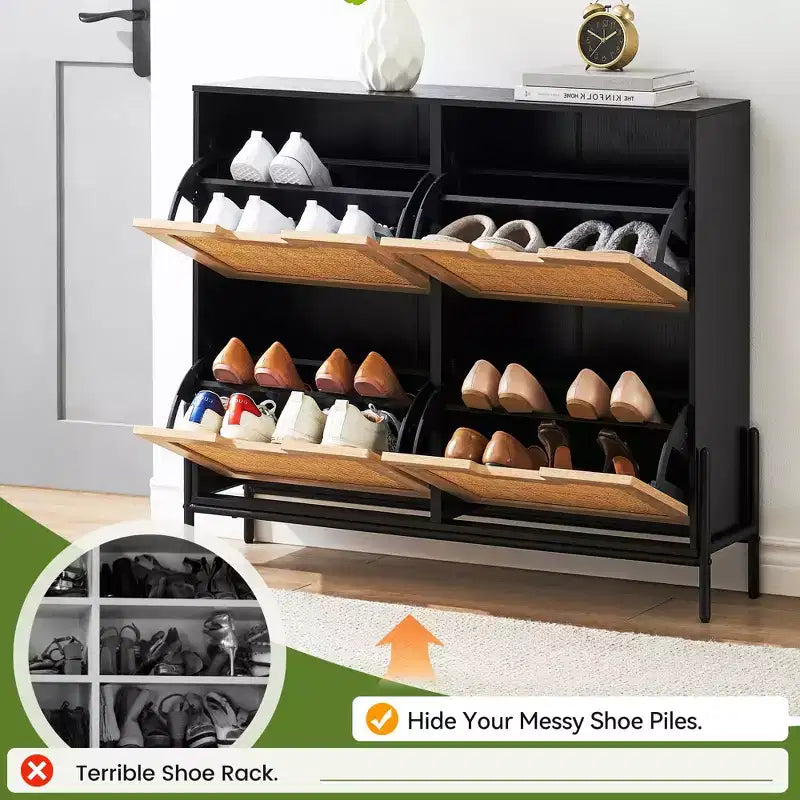 Meuble à chaussures GustoWave, Organisateur de chaussures en rotin naturel avec 4 tiroirs basculants, Meuble à chaussures étroit sur pied avec pieds en métal et étagère réglable