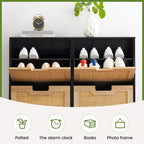 Meuble à chaussures GustoWave, Organisateur de chaussures en rotin naturel avec 4 tiroirs basculants, Meuble à chaussures étroit sur pied avec pieds en métal et étagère réglable