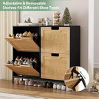 Meuble à chaussures GustoWave, Organisateur de chaussures en rotin naturel avec 4 tiroirs basculants, Meuble à chaussures étroit sur pied avec pieds en métal et étagère réglable