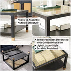 Table basse Probe Hues en verre, avec plateau trempé à accents dorés et structure en métal