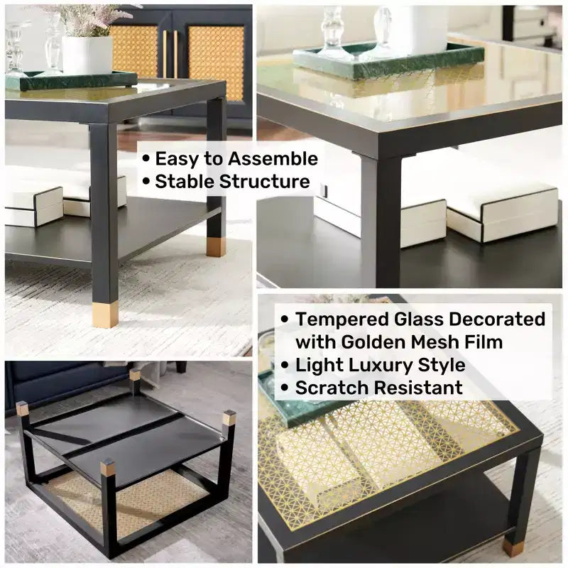 Table basse Probe Hues en verre, avec plateau trempé à accents dorés et structure en métal
