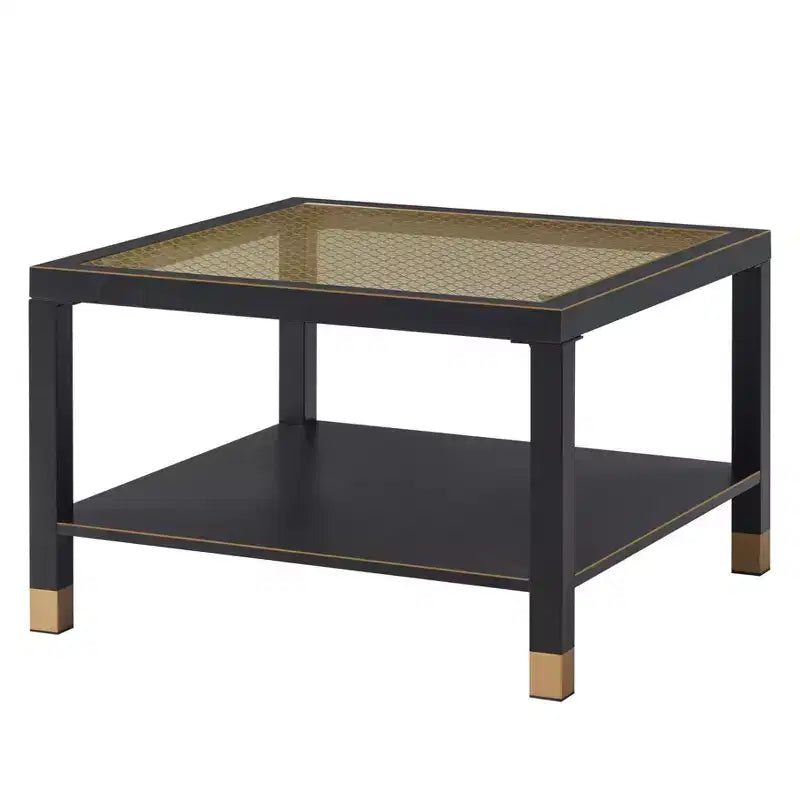 Table basse Probe Hues en verre, avec plateau trempé à accents dorés et structure en métal