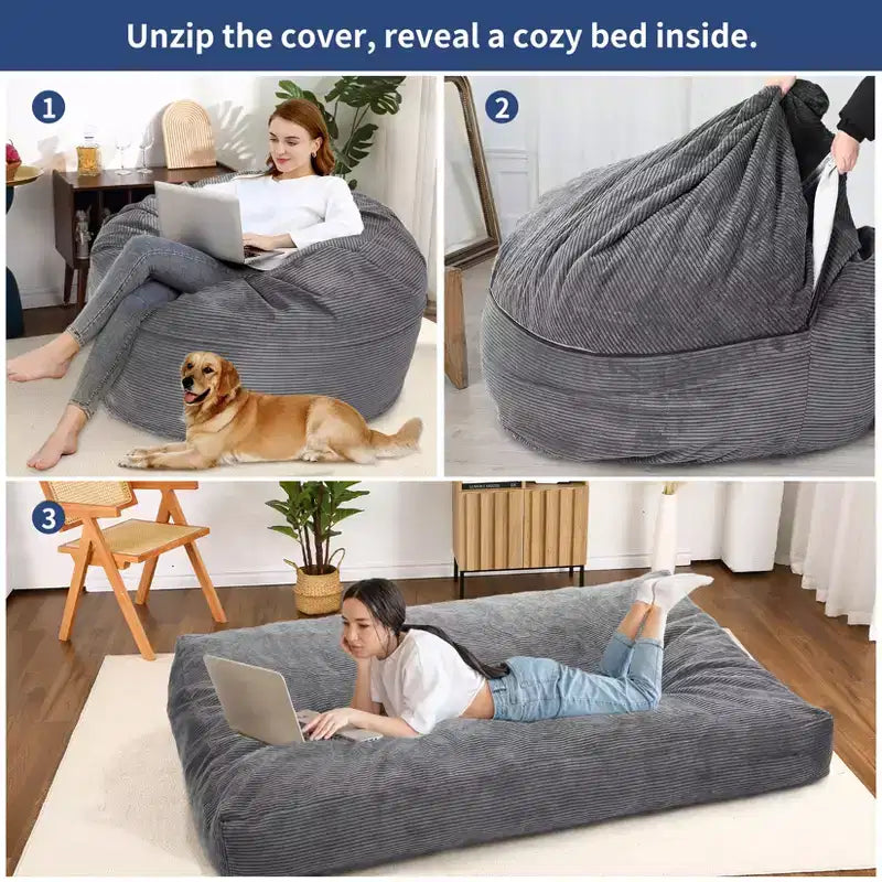 Pouf géant 2 en 1, Grands poufs, Coussins de sol convertibles pour adultes, Lit pouf géant
