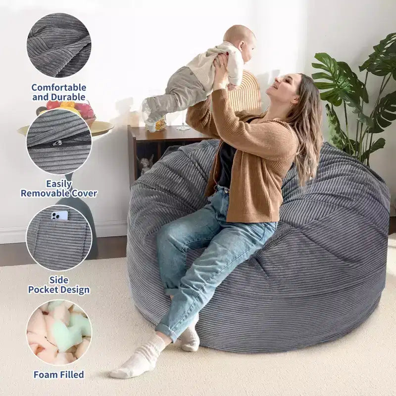 Pouf géant 2 en 1, Grands poufs, Coussins de sol convertibles pour adultes, Lit pouf géant