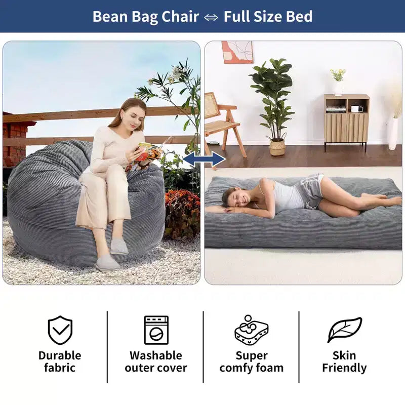 Pouf géant 2 en 1, Grands poufs, Coussins de sol convertibles pour adultes, Lit pouf géant