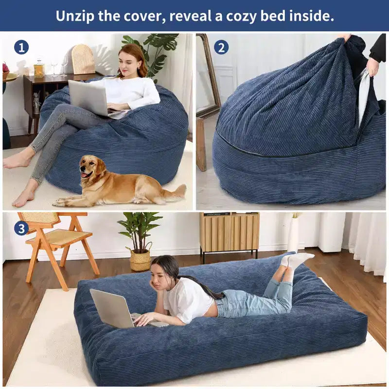 Pouf géant 2 en 1, Grands poufs, Coussins de sol convertibles pour adultes, Lit pouf géant