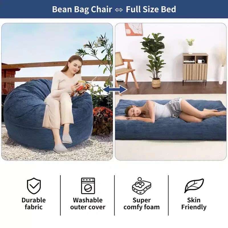 Pouf géant 2 en 1, Grands poufs, Coussins de sol convertibles pour adultes, Lit pouf géant