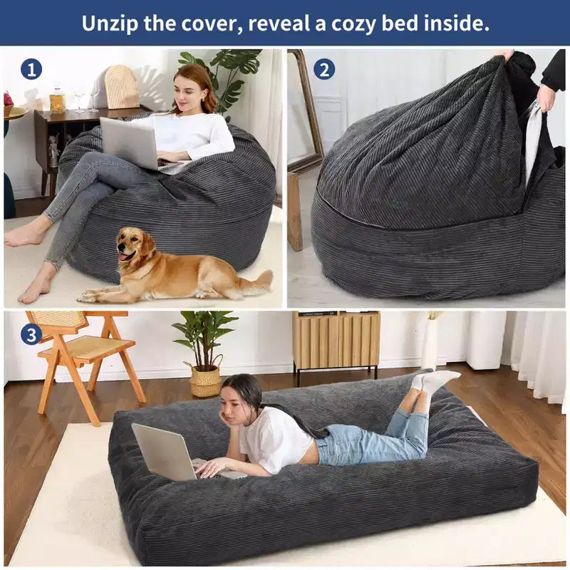 Pouf géant 2 en 1, Grands poufs, Coussins de sol convertibles pour adultes, Lit pouf géant