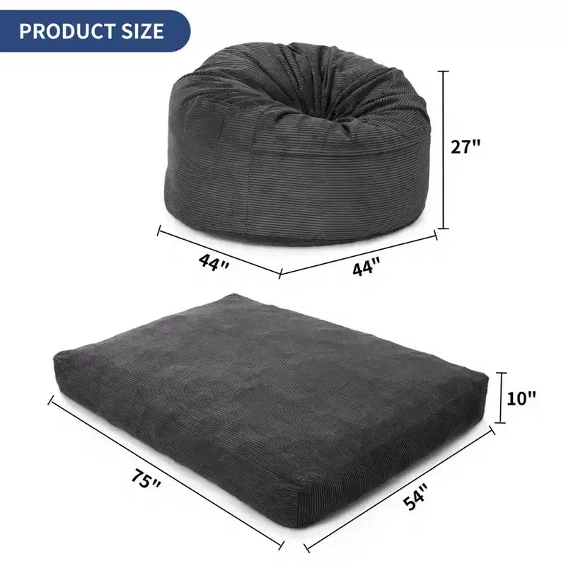 Pouf géant 2 en 1, Grands poufs, Coussins de sol convertibles pour adultes, Lit pouf géant