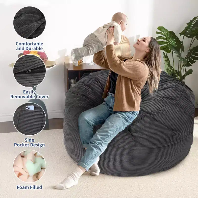 Pouf géant 2 en 1, Grands poufs, Coussins de sol convertibles pour adultes, Lit pouf géant