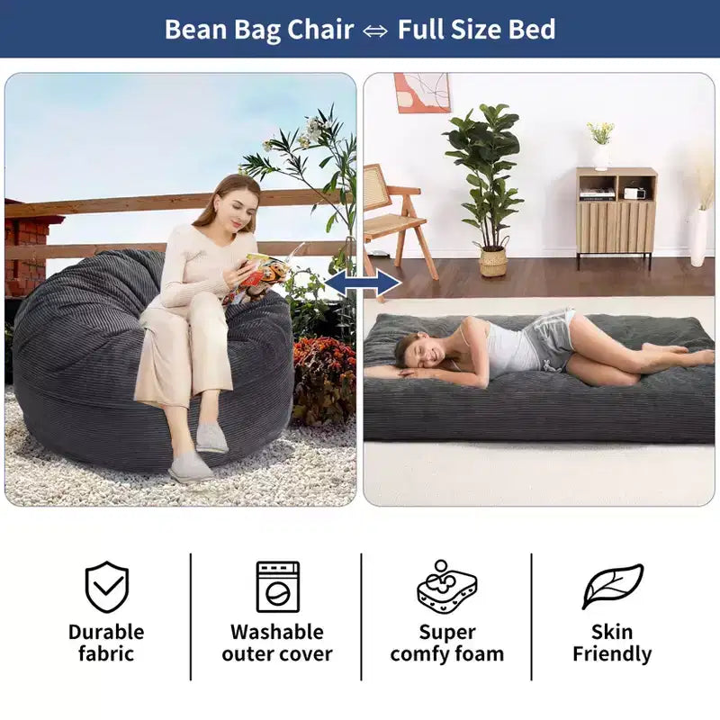 Pouf géant 2 en 1, Grands poufs, Coussins de sol convertibles pour adultes, Lit pouf géant