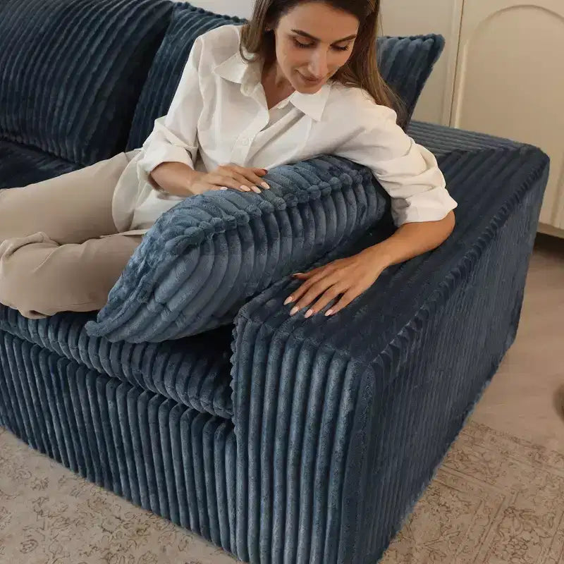 78.8 Canapés d'angle en velours côtelé bleu, canapé nuage pour salon, double épaisseur, coussin amovible