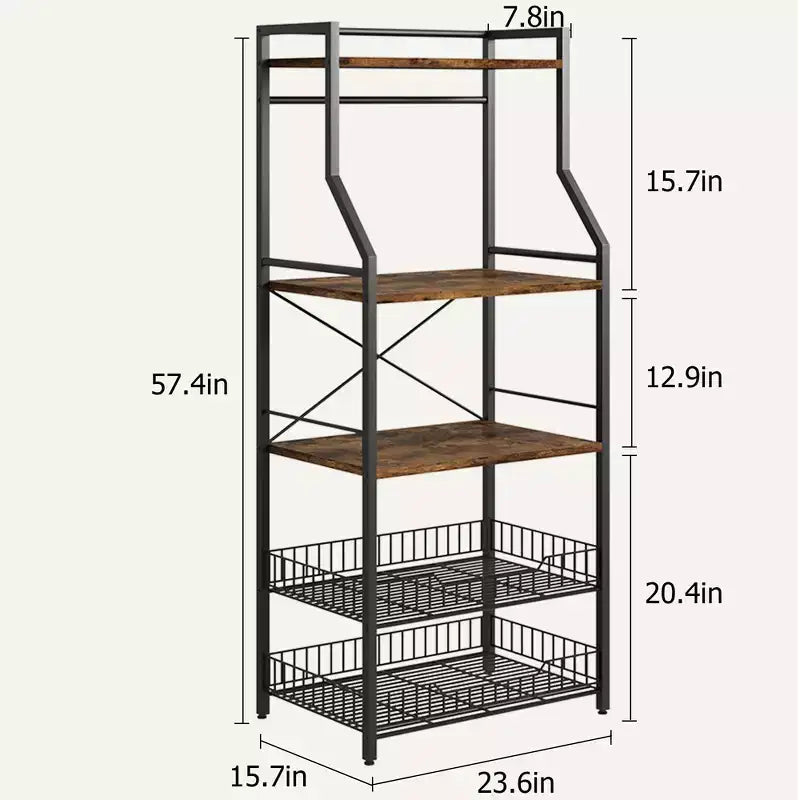 Étagère de cuisine autoportante, support à micro-ondes à 5 niveaux avec panier métallique et pieds réglables, station de café industrielle de 128,78 cm de hauteur