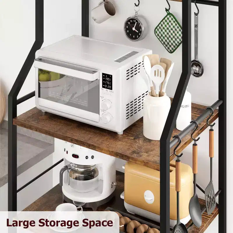 Étagère de cuisine autoportante, support à micro-ondes à 5 niveaux avec panier métallique et pieds réglables, station de café industrielle de 128,78 cm de hauteur