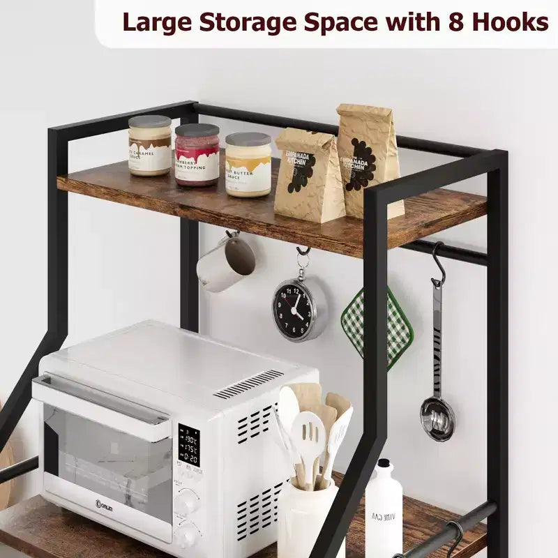 Étagère de cuisine autoportante, support à micro-ondes à 5 niveaux avec panier métallique et pieds réglables, station de café industrielle de 128,78 cm de hauteur