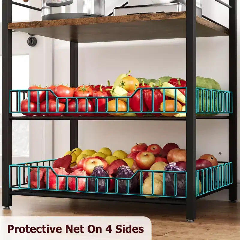 Étagère de cuisine autoportante, support à micro-ondes à 5 niveaux avec panier métallique et pieds réglables, station de café industrielle de 128,78 cm de hauteur