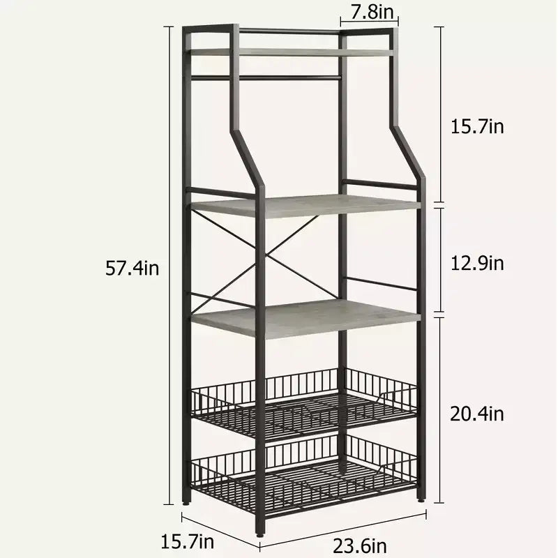 Étagère de cuisine autoportante, support à micro-ondes à 5 niveaux avec panier métallique et pieds réglables, station de café industrielle de 128,78 cm de hauteur