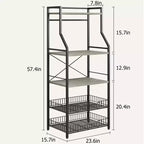 Étagère de cuisine autoportante, support à micro-ondes à 5 niveaux avec panier métallique et pieds réglables, station de café industrielle de 128,78 cm de hauteur