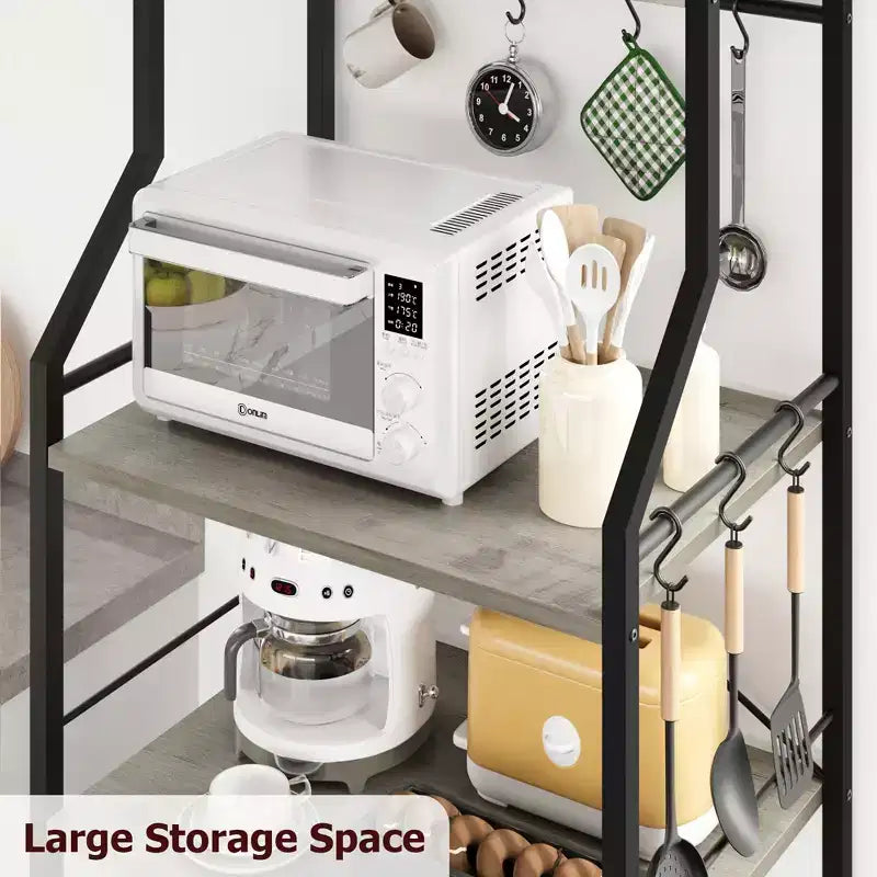 Étagère de cuisine autoportante, support à micro-ondes à 5 niveaux avec panier métallique et pieds réglables, station de café industrielle de 128,78 cm de hauteur