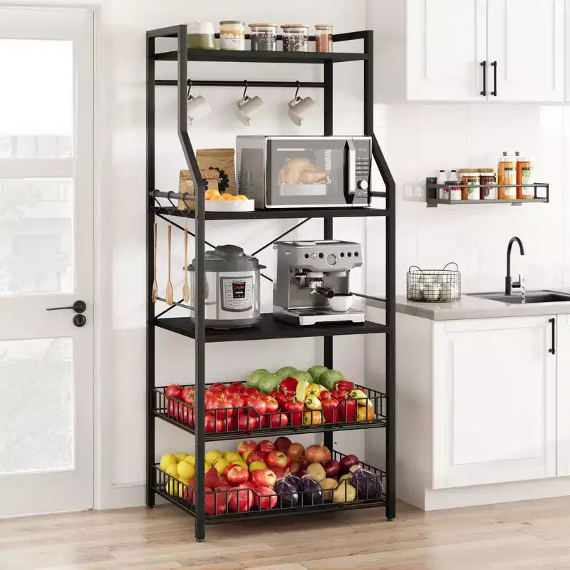 Étagère de cuisine autoportante, support à micro-ondes à 5 niveaux avec panier métallique et pieds réglables, station de café industrielle de 128,78 cm de hauteur
