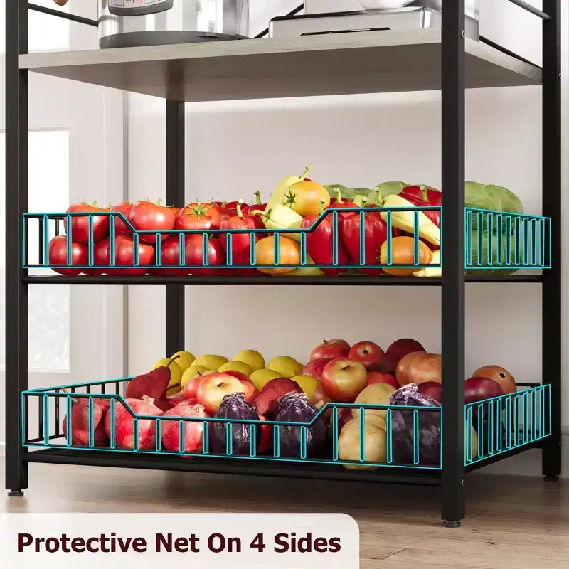 Étagère de cuisine autoportante, support à micro-ondes à 5 niveaux avec panier métallique et pieds réglables, station de café industrielle de 128,78 cm de hauteur