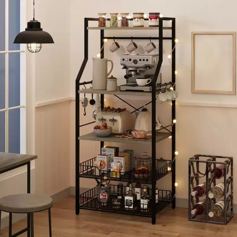 Étagère de cuisine autoportante, support à micro-ondes à 5 niveaux avec panier métallique et pieds réglables, station de café industrielle de 128,78 cm de hauteur