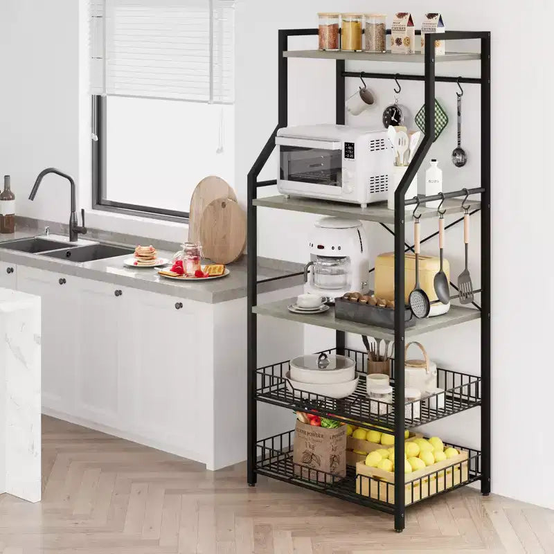 Étagère de cuisine autoportante, support à micro-ondes à 5 niveaux avec panier métallique et pieds réglables, station de café industrielle de 128,78 cm de hauteur