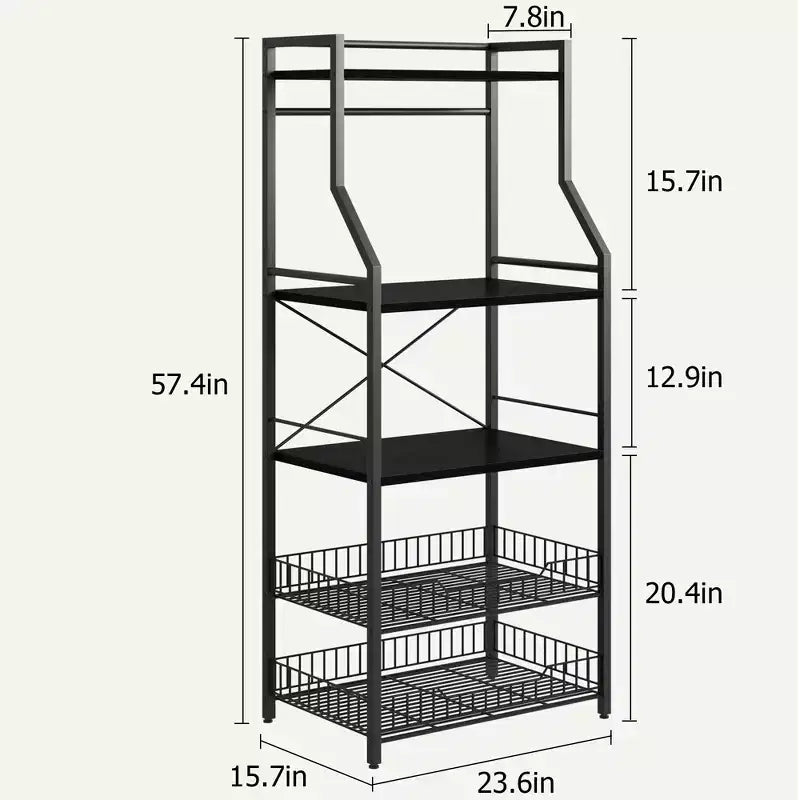 Étagère de cuisine autoportante, support à micro-ondes à 5 niveaux avec panier métallique et pieds réglables, station de café industrielle de 128,78 cm de hauteur