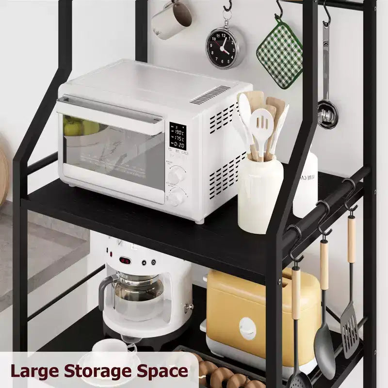 Étagère de cuisine autoportante, support à micro-ondes à 5 niveaux avec panier métallique et pieds réglables, station de café industrielle de 128,78 cm de hauteur