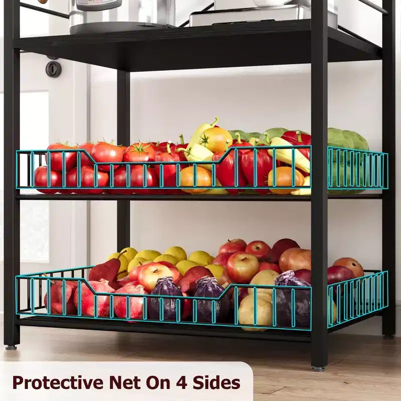 Étagère de cuisine autoportante, support à micro-ondes à 5 niveaux avec panier métallique et pieds réglables, station de café industrielle de 128,78 cm de hauteur