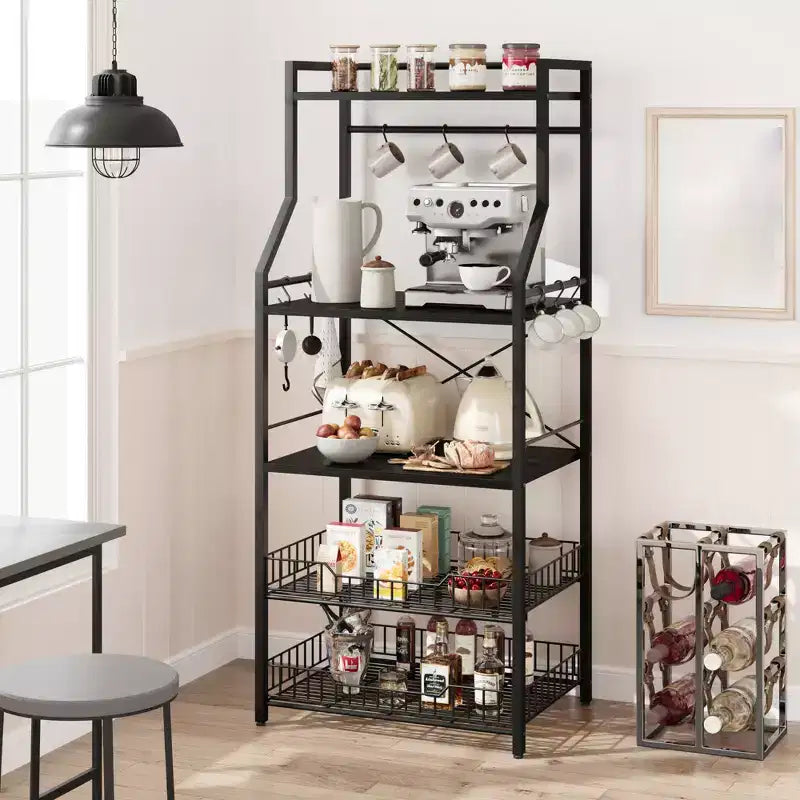 Étagère de cuisine autoportante, support à micro-ondes à 5 niveaux avec panier métallique et pieds réglables, station de café industrielle de 128,78 cm de hauteur
