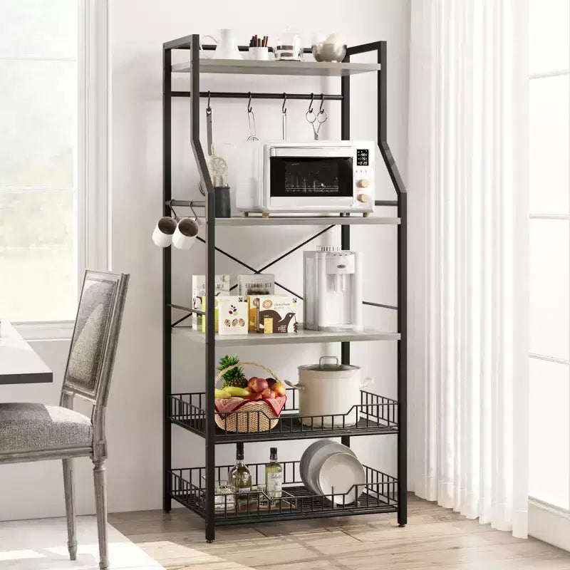 Étagère de cuisine autoportante, support à micro-ondes à 5 niveaux avec panier métallique et pieds réglables, station de café industrielle de 128,78 cm de hauteur