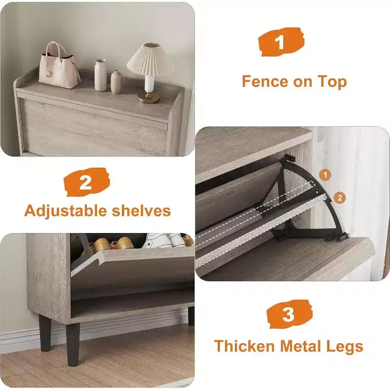 Meuble à chaussures 2 tiroirs COZONY avec étagère réglable, organisateur de rangement de chaussures dissimulé avec tiroir basculant pour entrée, couloir et salon